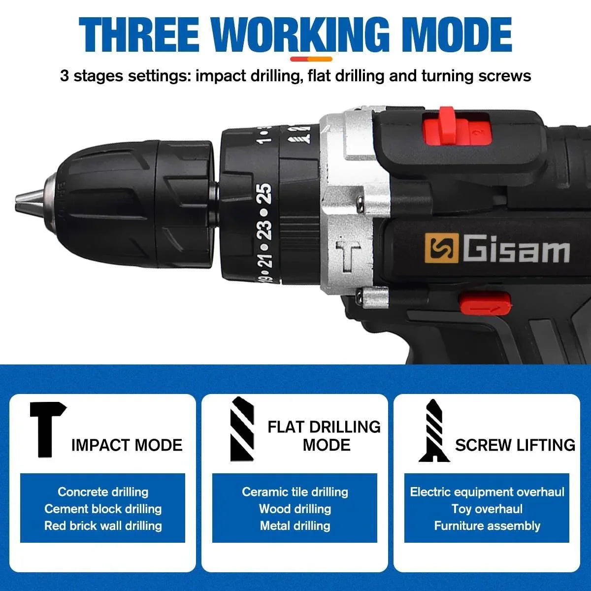Gisam 88VF Electric Impact Drill Cordless Electric Screwdriver Drill Rechargeable Lithium Battery 2 Speeds Household Power Tools  ourlum.com   