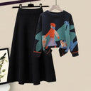 Winter Cartoon Print Knit Sweater & Skirt Set Chic Party