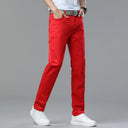 Red White Jeans Men's Stretch Cotton Denim Pants Classic Straight Fashion Fit Autumn Business Casual Trousers Man Clothes