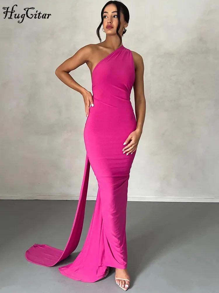 Elegant One-Shoulder Maxi Dress with Backless Detail and Scarf Loop  ourlum.com   