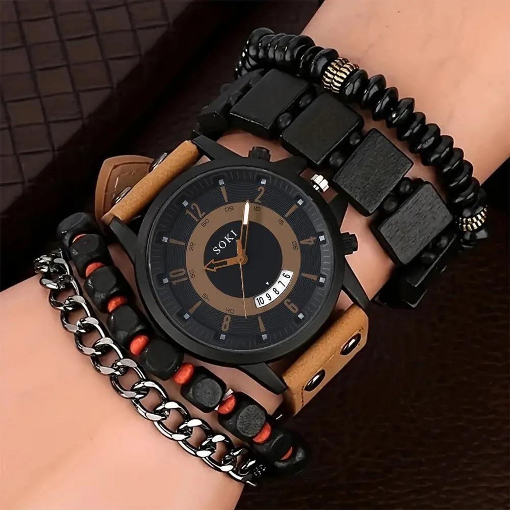 Hip Hop Style 5-Piece Men's Bracelet Watch Set with Calendar Quartz Movement and Leather Band  ourlum.com   