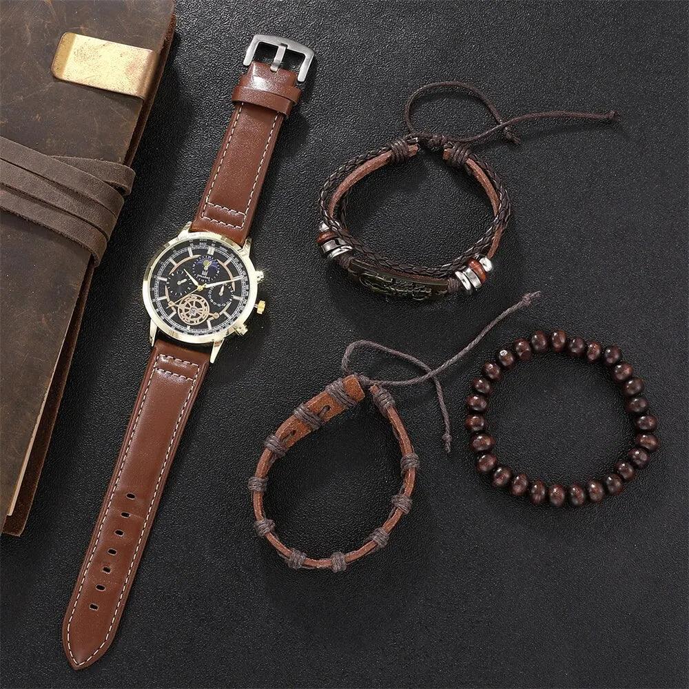 Luxury Men's Brown Leather Watch and Bracelet Gift Set with Quartz Movement  ourlum.com   