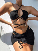 Lace-Up Bikini Set with Skirt - Flattering High Waist Swimwear