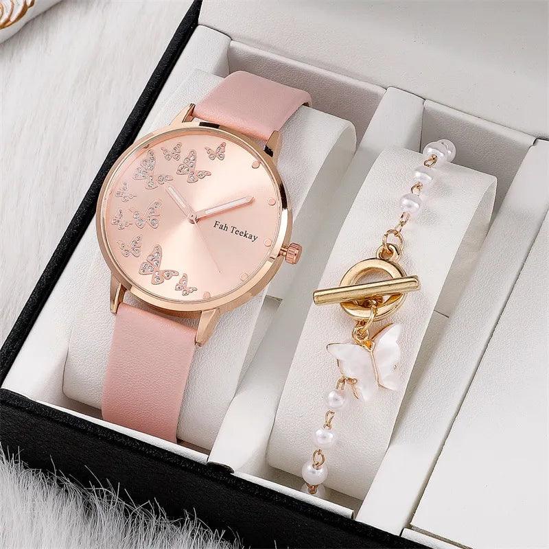 Butterfly Watches Set for Women - Elegant Analog Wristwatch Duo with Leather Band  ourlum.com   