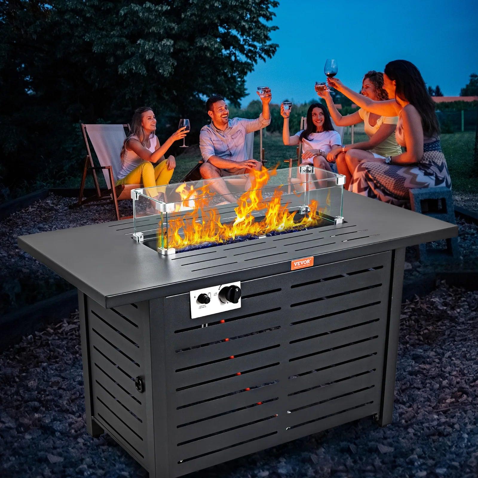 VEVOR Gas Fire Pit Table 43/54 In 50000 BTU Propane Outdoor Wicker Patio with Carbon Steel Tabletop Lava Rock Glass Wind Cover