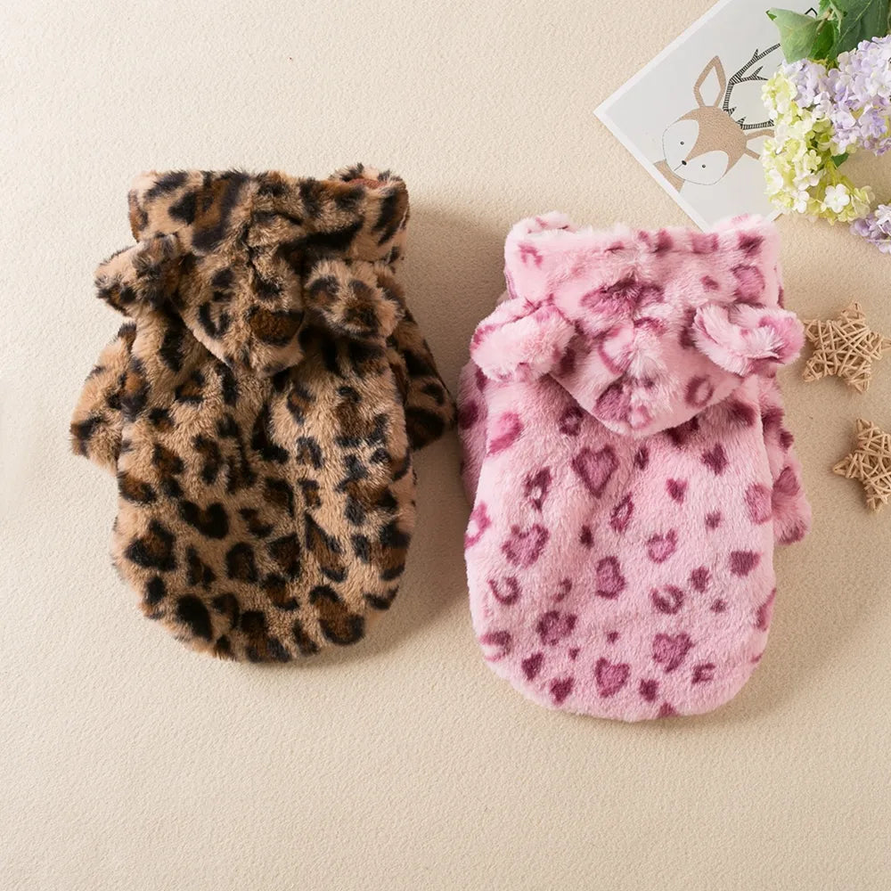 Leopard Print Fleece Dog Hoodie Coat for Small Dogs: Warm & Stylish Pet Attire  ourlum.com   