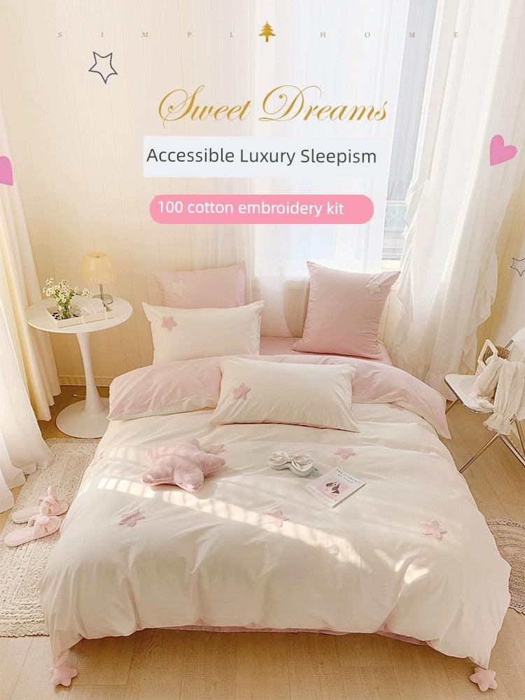 Young Adult Heart Princess Style Four-Piece Set All Cotton Pure Cotton Girls Pink Children's Bed Sheet Duvet Cover Bedding Small Fresh