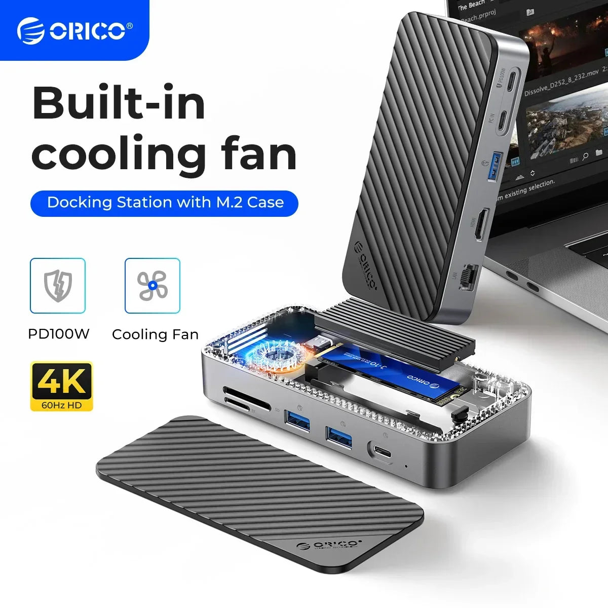 ORICO USB C HUB with Cooling Fan M.2 NVMe SATA SSD Enclosure External 10Gbps 4K 60Hz HDMI-Com RJ45 SD/TF USB Docking Station  ourlum.com   