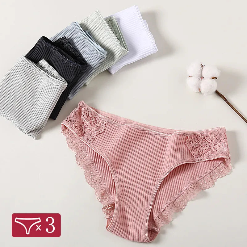 Lace Patchwork Cotton Panties Set - Women's Low Rise Sexy Underwear 3pc Pack  Our Lum   