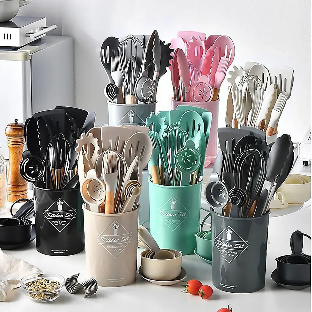 34-Piece Eco-Friendly Silicone Kitchen Utensil Set with Wooden Handles – Non-Stick Cookware Essentials