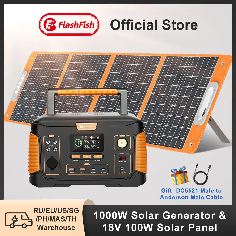 FF Flashfish J1000PLUS 1000W Portable Power Station 932Wh Solar Generator Battery with Solar Panel 100W Complete kit for Home