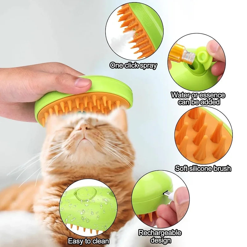 Steamy Cat Brush: Electric Spray Grooming Tool for Pet Hair Removal & Massage