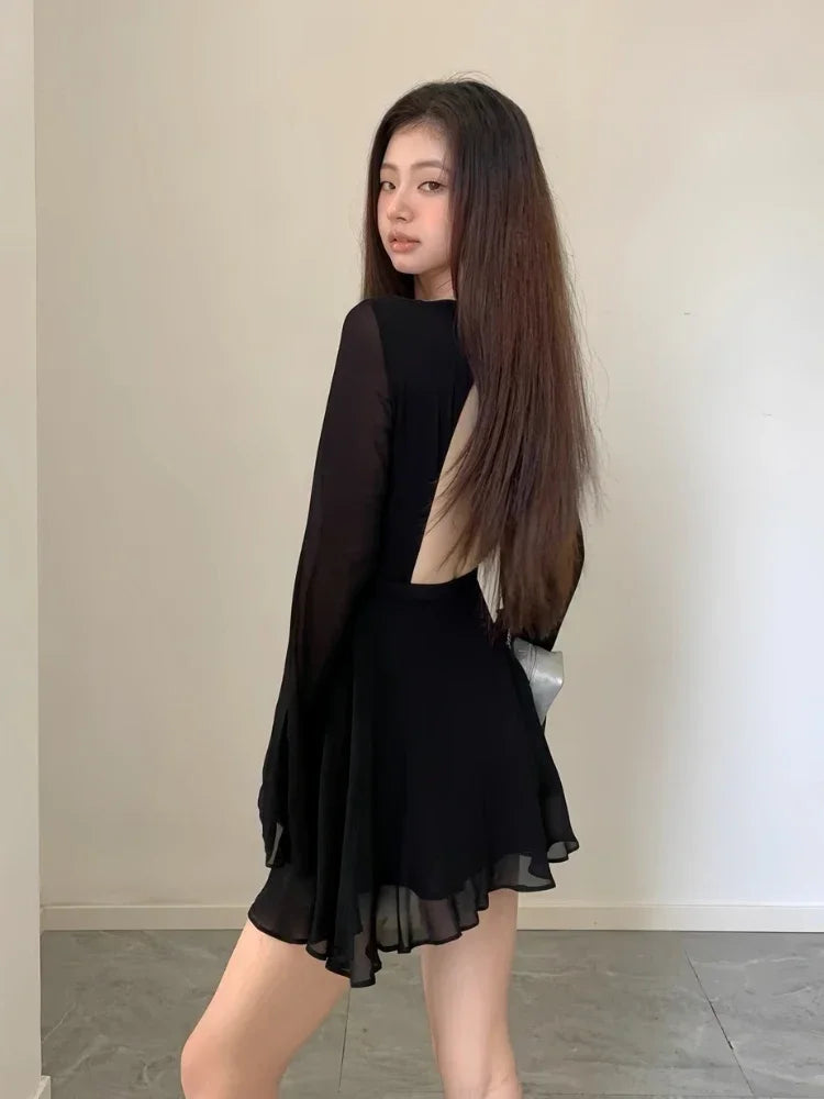 Elegant Black Lace-Up Backless Dress: Sexy Slim Fit Partywear with Ruffles