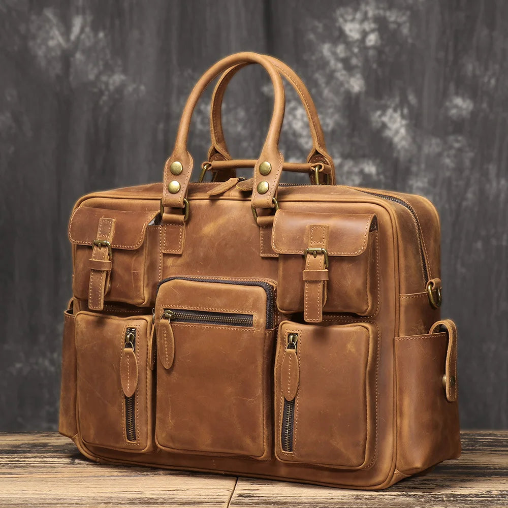 Stylish Vintage Large Capacity Leather Briefcase for Men, 17-Inch Laptop Shoulder Bag