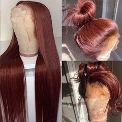 Red Brown Human Hair Lace Front Wig - Bone Straight HD Lace: Elevate Your Style
