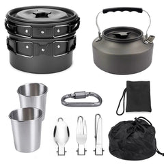 Compact Outdoor Camping Cookware Set with Non-stick Pots, Pans, Kettle, and Foldable Cutlery for Hiking and Picnics