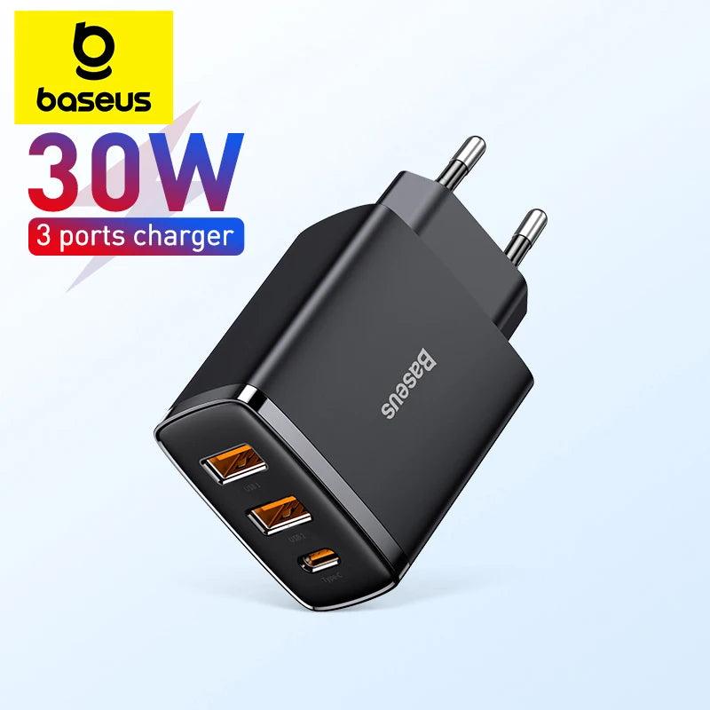 Baseus 30W USB Charger - Ultimate Fast Charging Solution for iPhone, Samsung, Xiaomi - 3 Ports, Travel-Friendly  ourlum.com   