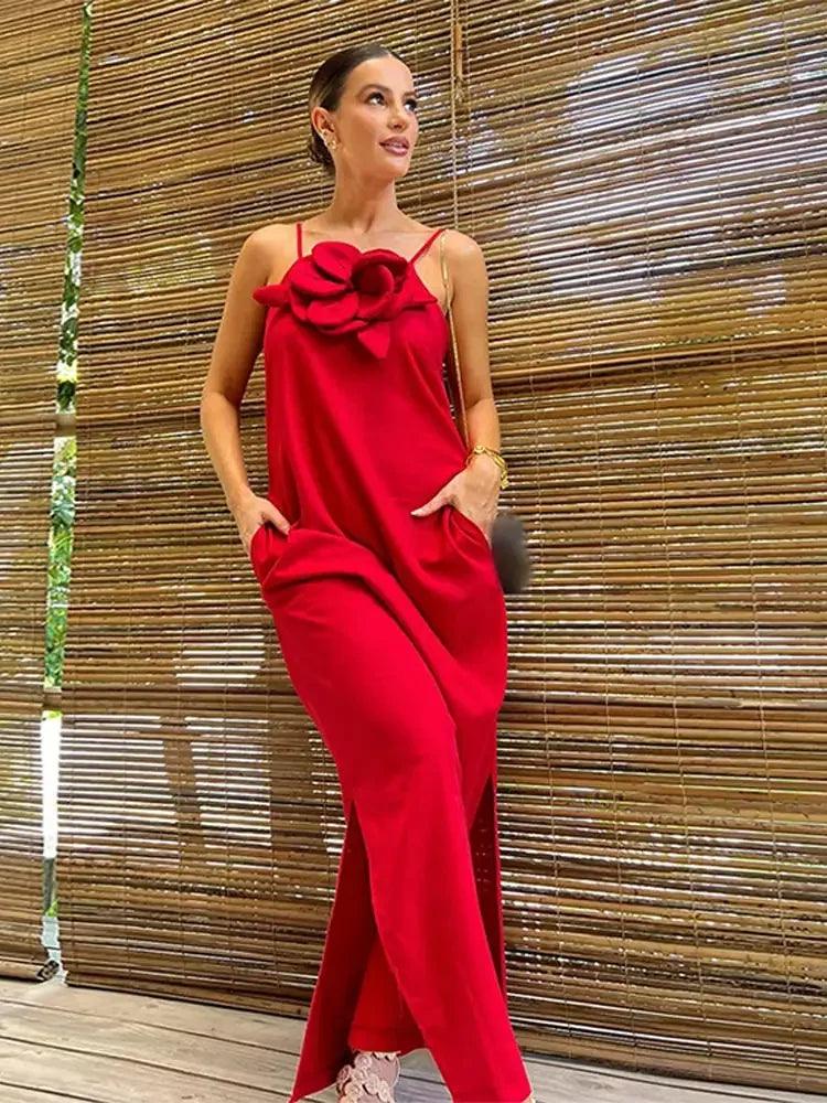 Elegant Crimson 3D Floral Sling Midi Dress - Women's Backless High Split Party Club Vestidos  ourlum.com   