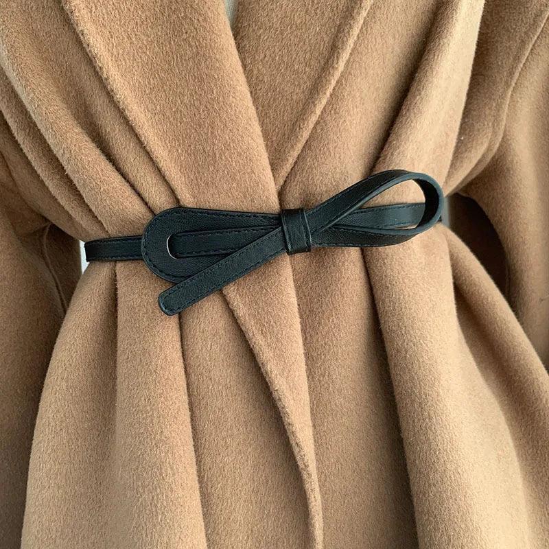 Luxurious Thin Knot PU Leather Belt for Women - Elegant Waistband in Black Coffee Color  ourlum.com   