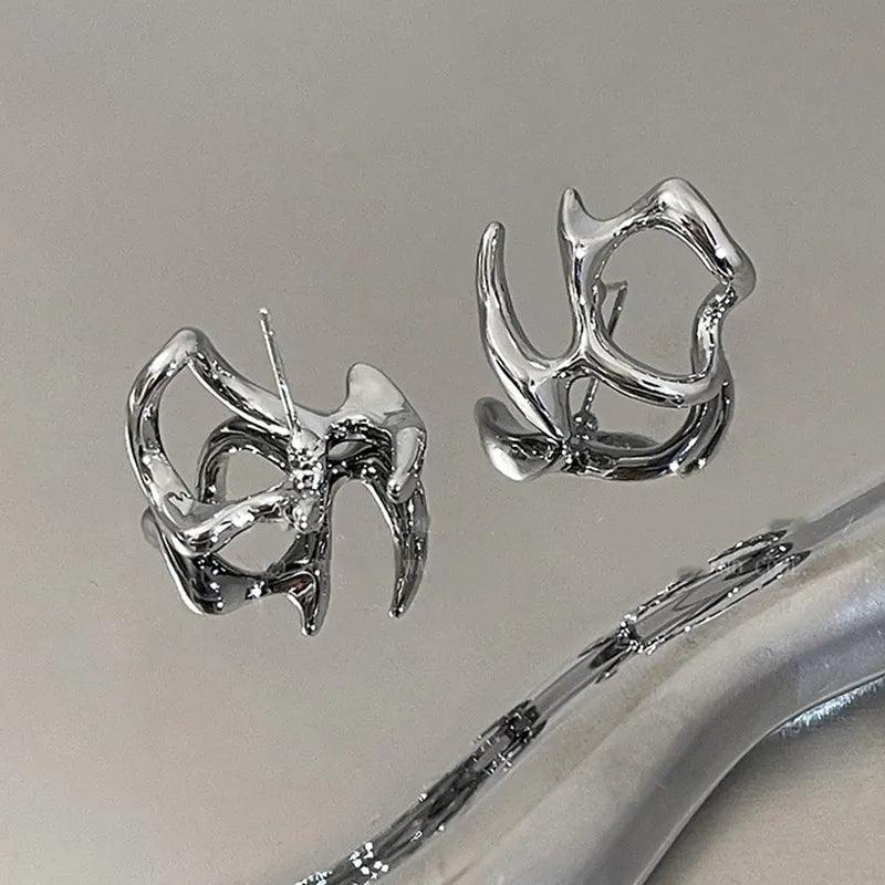 Liquid Silver Geometric Clip Earrings - Y2K Punk Fashion Jewelry  ourlum.com   