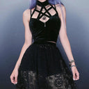 Gothic Cross Print Lace Trim Crop Top Edgy Corset Tank