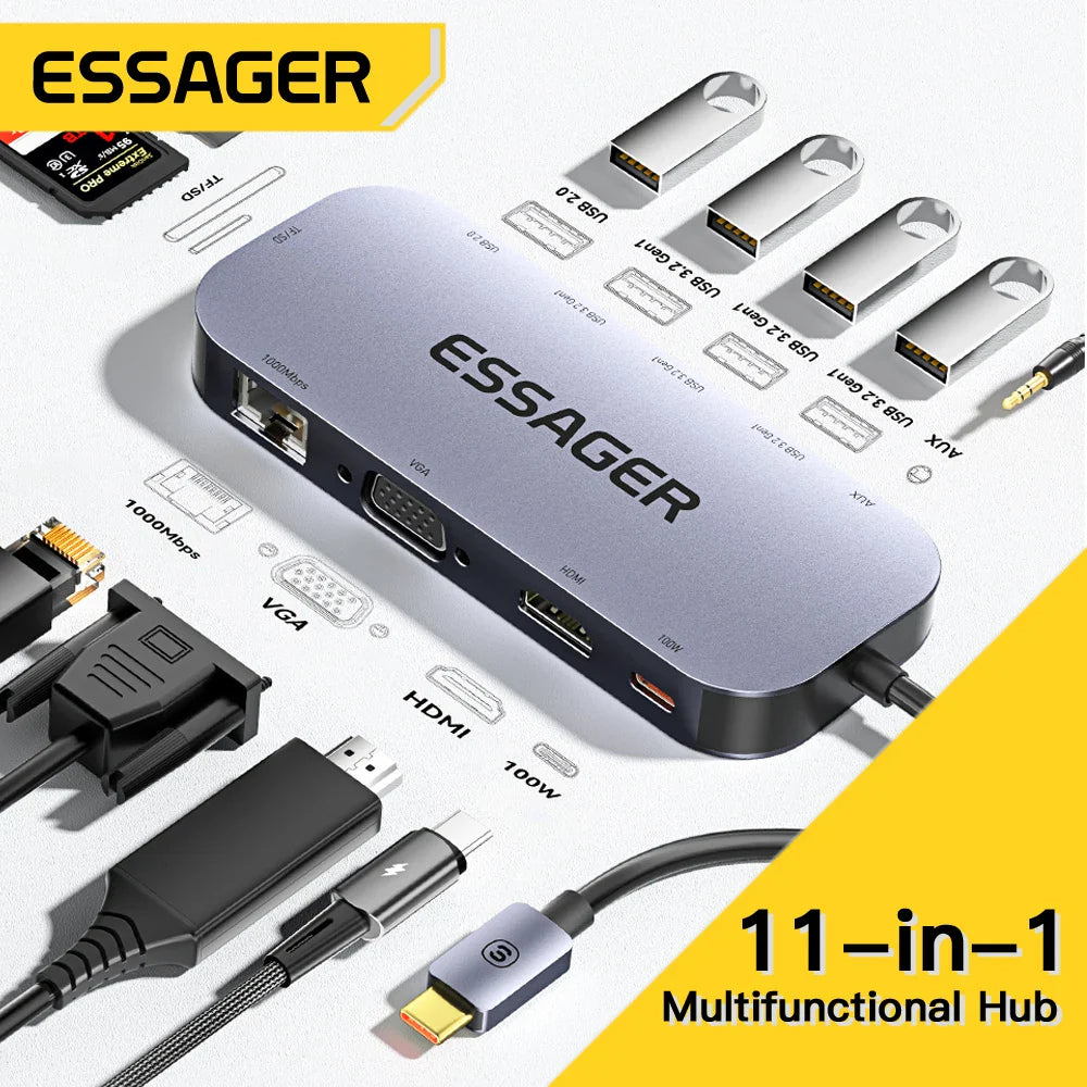 Essager 11-in-1 USB Hub HDMI-Compatible VGA 4K 30HZ Type-c Universal Laptop Docking Station For Macbook Air Pro Adapter Splitter  ourlum.com   