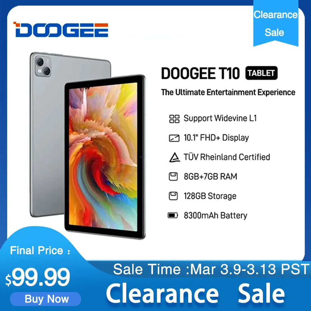 Clearance Sale DOOGEE T10 Tablet 8GB+128GB Octa Core 10.1" FHD+ TÜV Rheinland Certified Display Widevine L1 13MP Camera 8300mAh  ourlum.com   