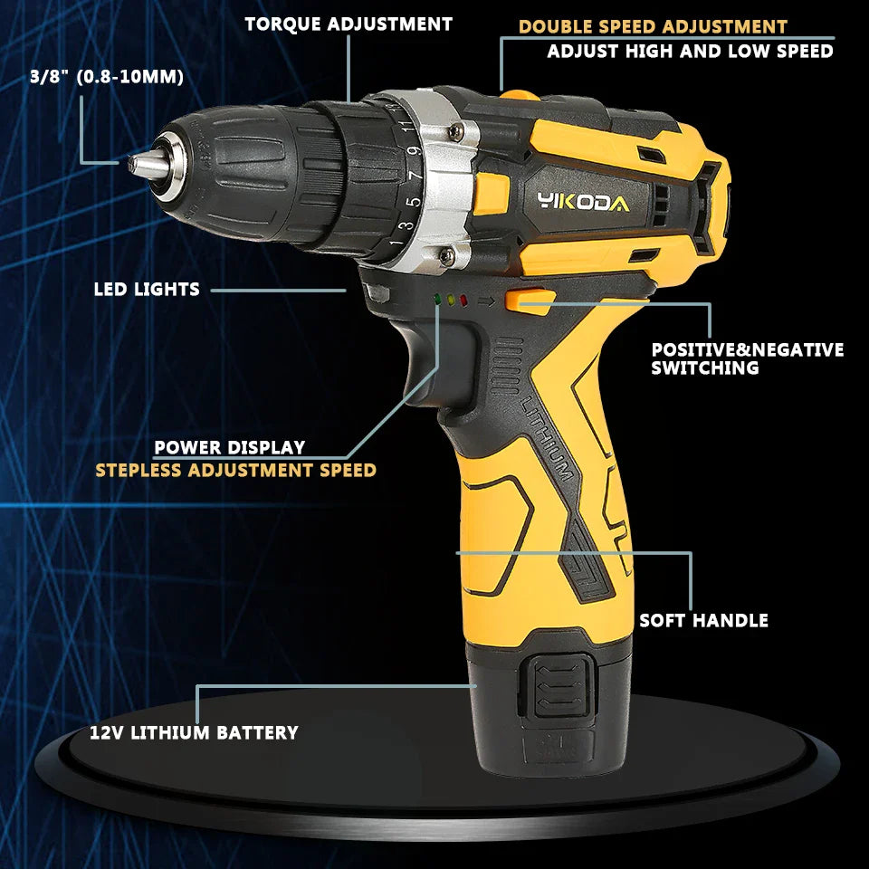 YIKODA 12/16.8/21V Electric Drill Rechargeable Cordless Screwdriver Lithium Battery Household Multi-function 2 Speed Power Tools  ourlum.com   