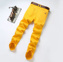 Korean Men Denim Jeans Casual Red Yellow Pink Youth Party Young Classic Male Straight Jeans Design Fashion Pants Elastic