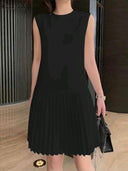 Elegant Solid Pleated Mini Dress for Women - Chic Sleeveless Sundress 2024 in Black, White, or Pink  OurLum.com black M 