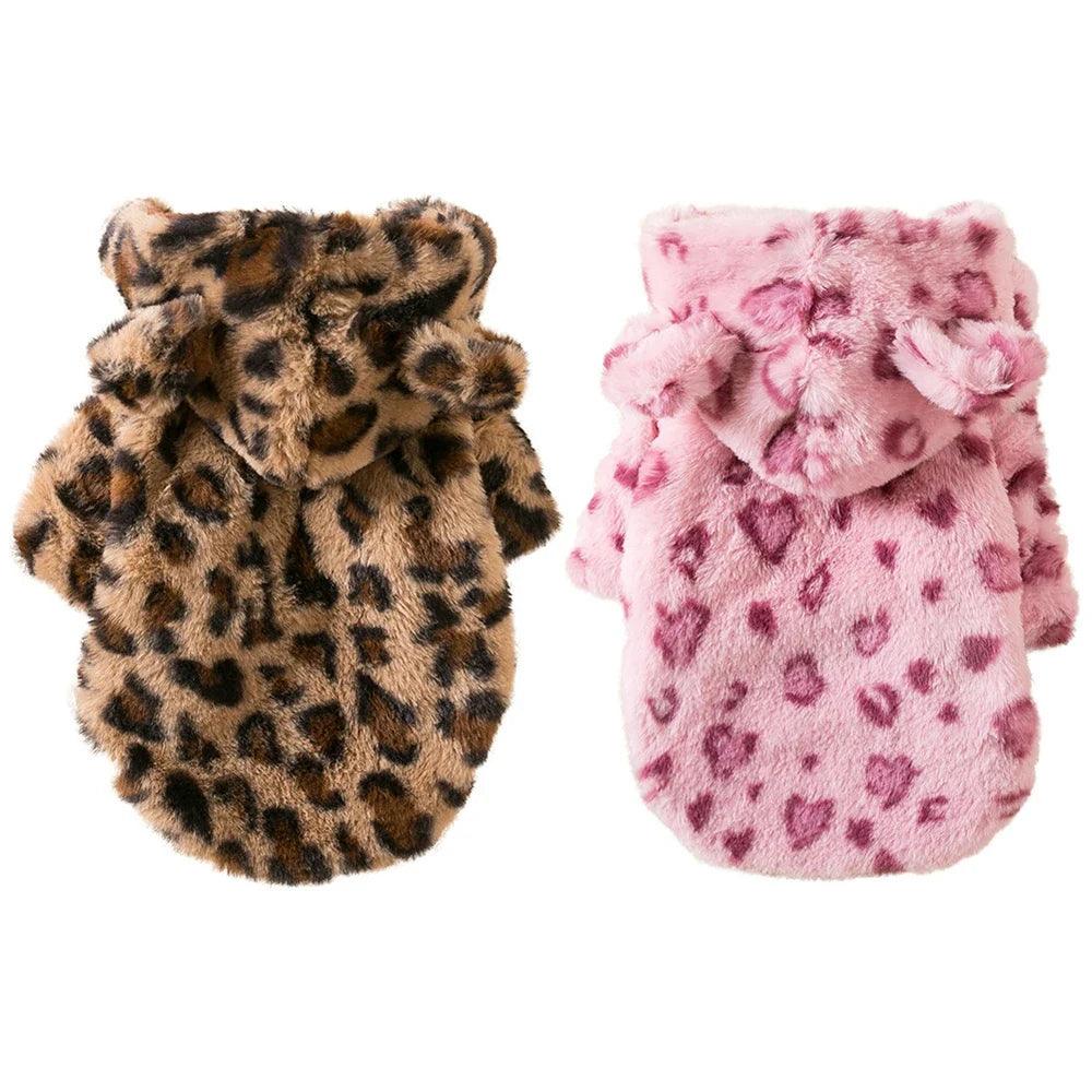 Winter Leopard Dog Hoodie: Stylish Fleece Coat for Small Pets  ourlum.com   