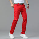 Red White Jeans Men's Stretch Cotton Denim Pants Classic Straight Fashion Fit Autumn Business Casual Trousers Man Clothes