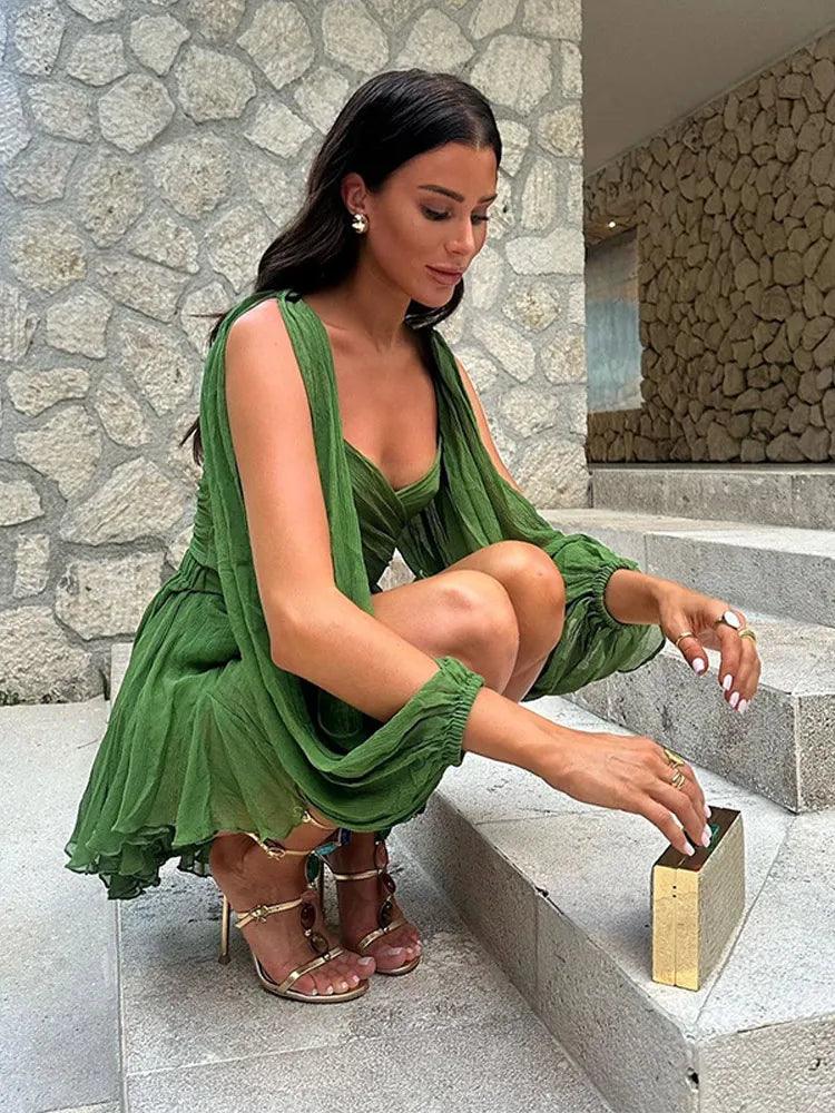 Elegant Green Mesh Hollow Out Lantern Sleeve Mini Dress - Women's Chic V Neck Short Dresses for Spring/Summer  OurLum.com   