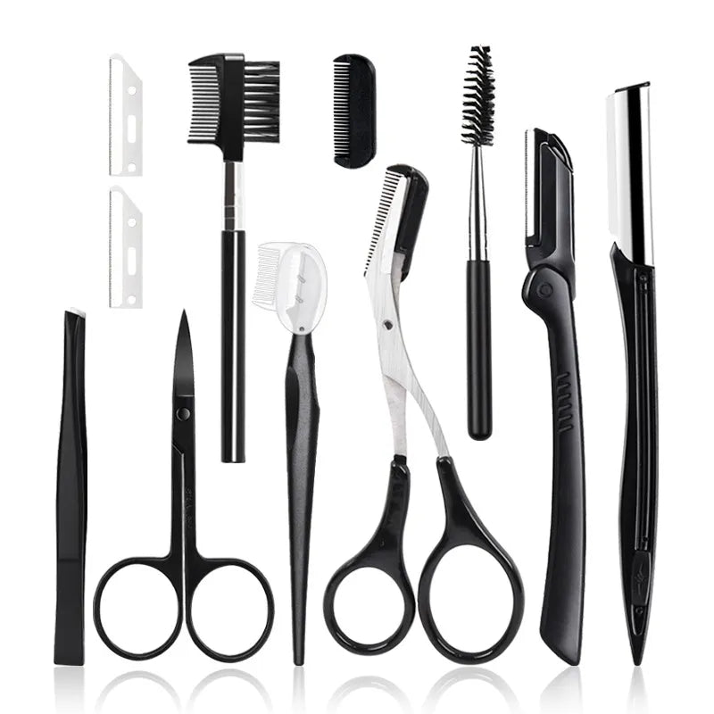 Black Eyebrow Trimming Scissors Stainless Steel Tweezers Eyebrow Scraping Eyebrow Comb Razor Eyebrow Clip Makeup Tools Sets  ourlum.com   