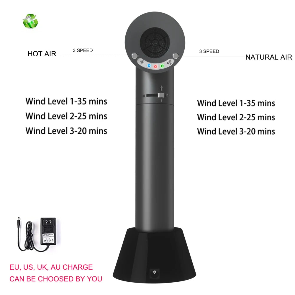 Cordless Hair Dryer Hot Wind and Natural Air Adjustment Rechargeable LED Battery Display Pet Students Baby Office Worker Use