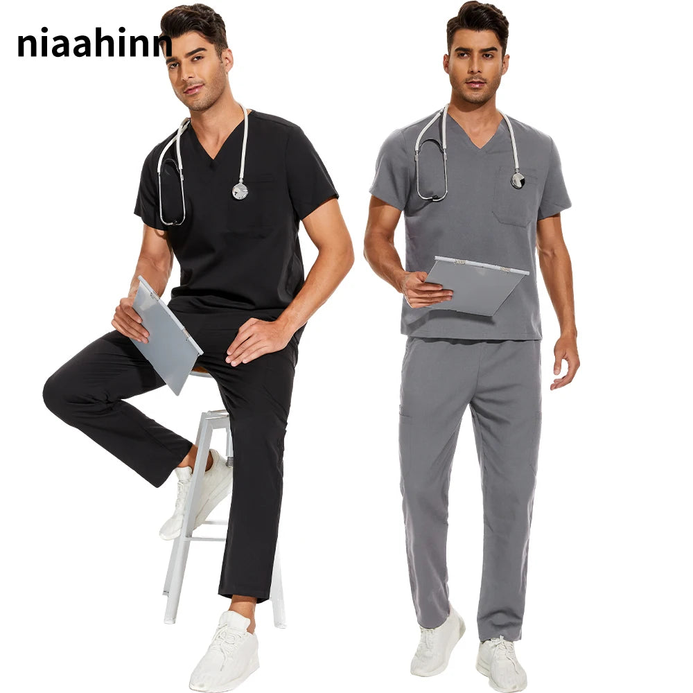 Men's Scrubs Medical Uniform Lab Set V-neck Doctor Overalls