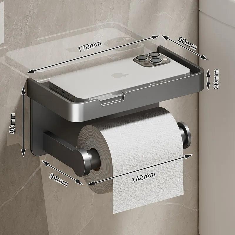 Aluminum Alloy Toilet Paper Holder with Phone Shelf and Towel Rack for Bathroom Wall Mount  ourlum.com   