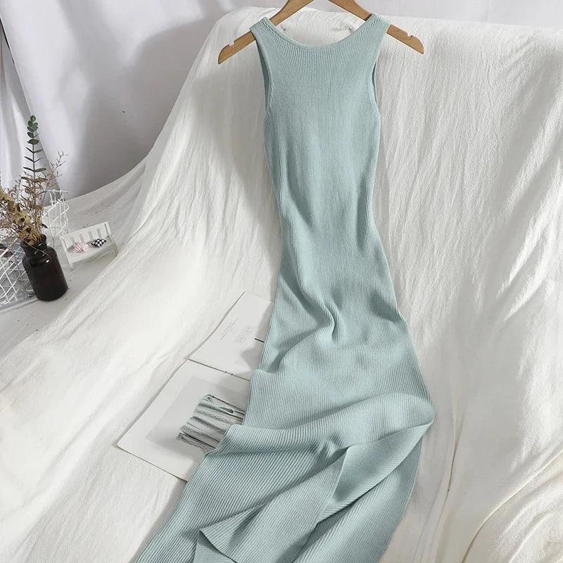 Korean Knitted V-Neck Sleeveless Bodycon Dress with Hollow Out Detail  ourlum.com   