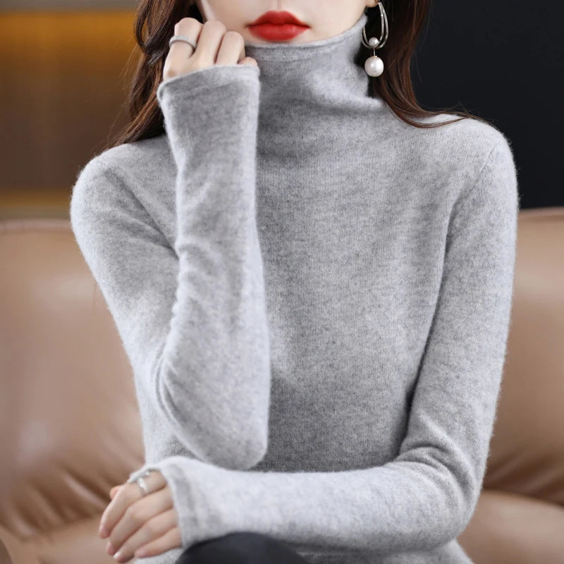 Luxurious Merino Wool Cashmere Winter Sweater with High Stacked Collar  ourlum.com   