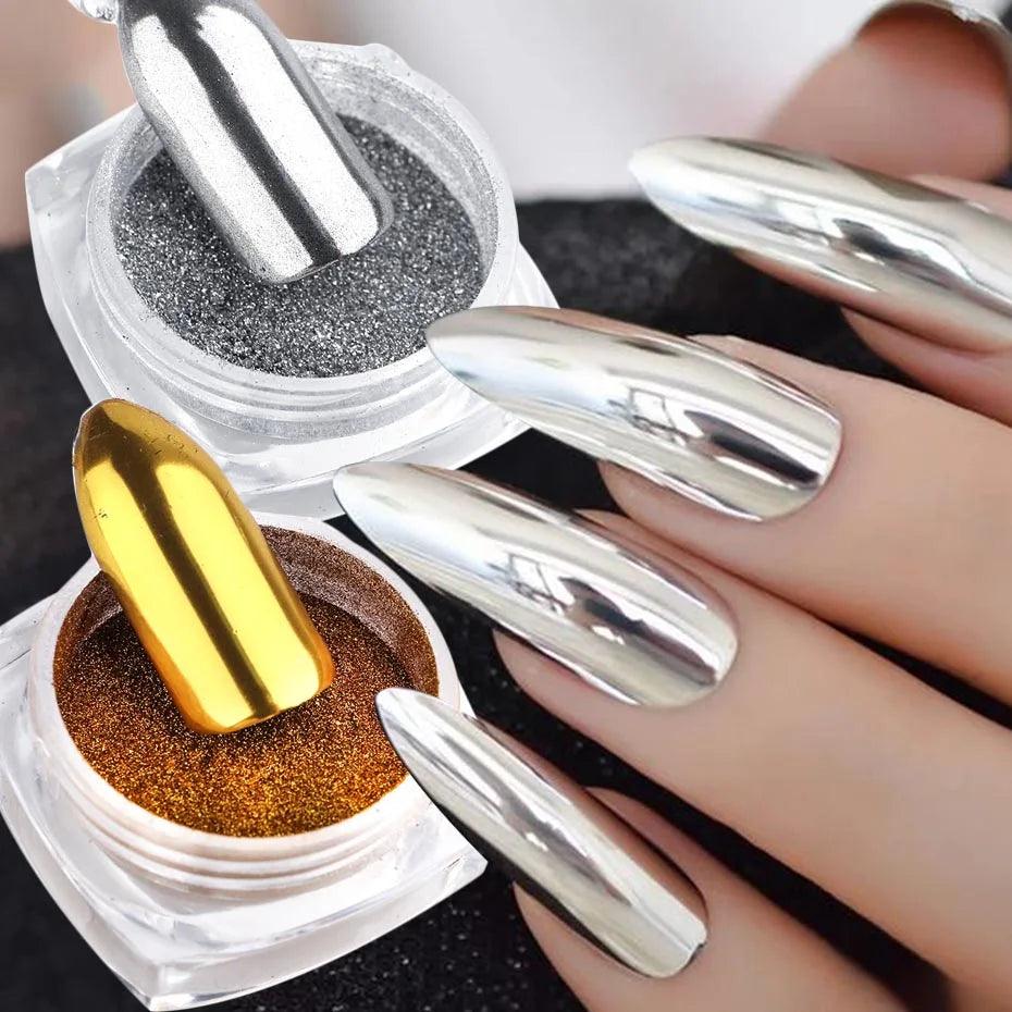 Mirror Nail Powder Duo Set for Metallic Nail Art - Silver Gold Glitter Chrome Flakes Pigment Holographic Decor  ourlum.com   