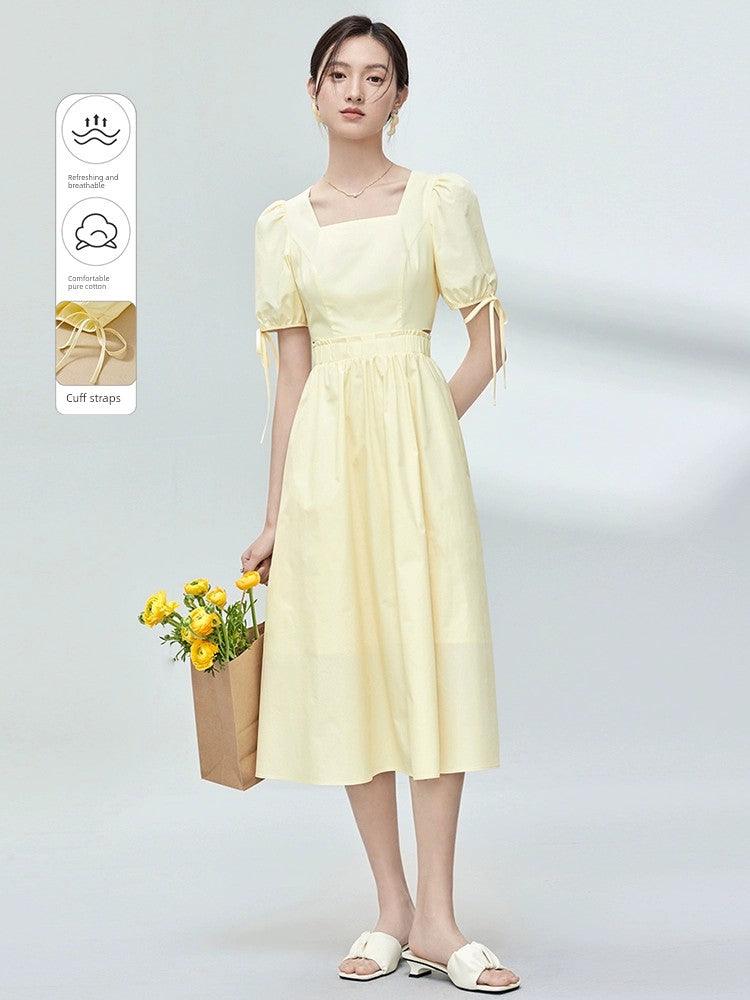 Square Collar A-line Dress: Korean Chic Style - Cotton, Trendy & Elegant