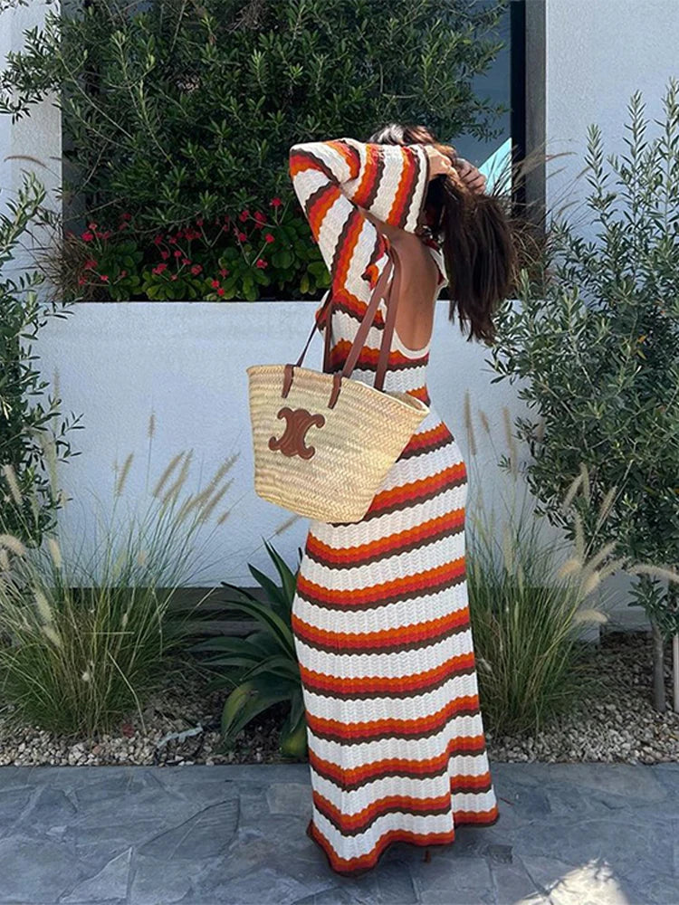 Bohemian Striped Bodycon Dress with Ruffle Sleeves - Elegant Cotton Vacation Attire  OurLum.com   