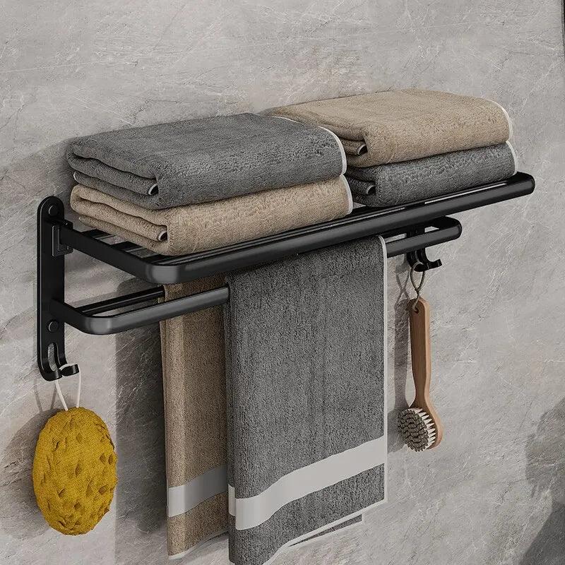 Matte Black Folding Towel Holder with Double Bars and Hook - Wall Mount Aluminum Rack  ourlum.com   