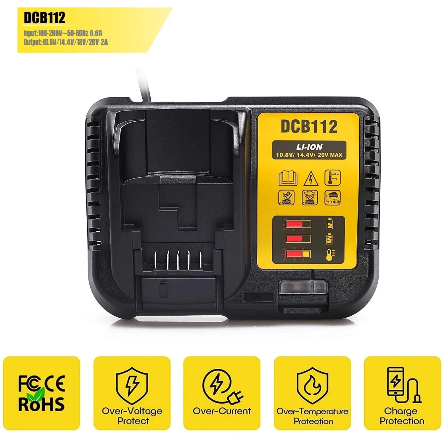 2A DCB112 Universal Fast Charger for Dewalt Li-Ion Batteries 10.8V to 20V