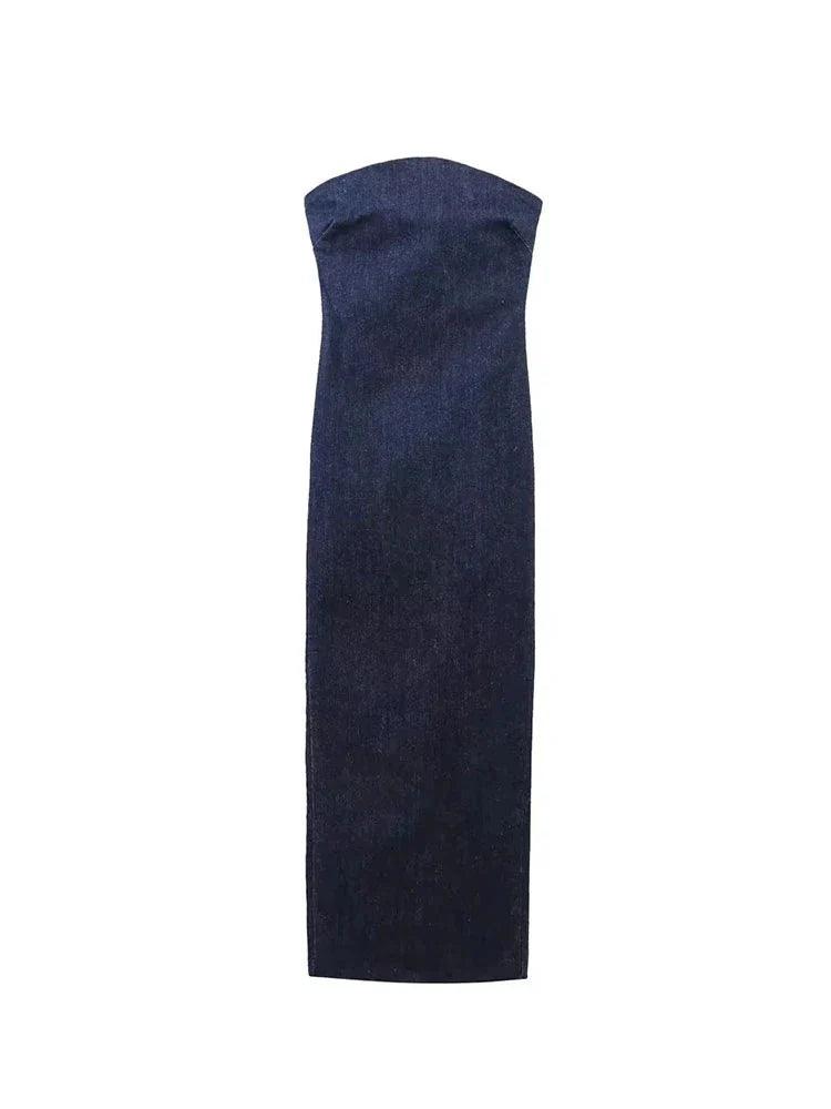 Blue Denim Strapless Backless Dress: Summer Chic Style for Evening Events