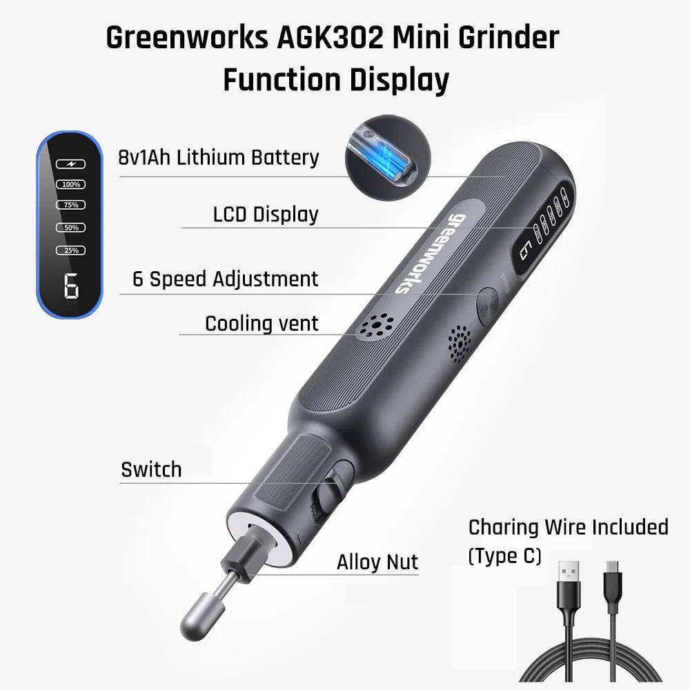 Greenworks 8V Mini Grinder 52pcs 80W Electric Grinding Engraving Cordless Variable Speed Lithium Battery Power Tools USB Charger  ourlum.com   
