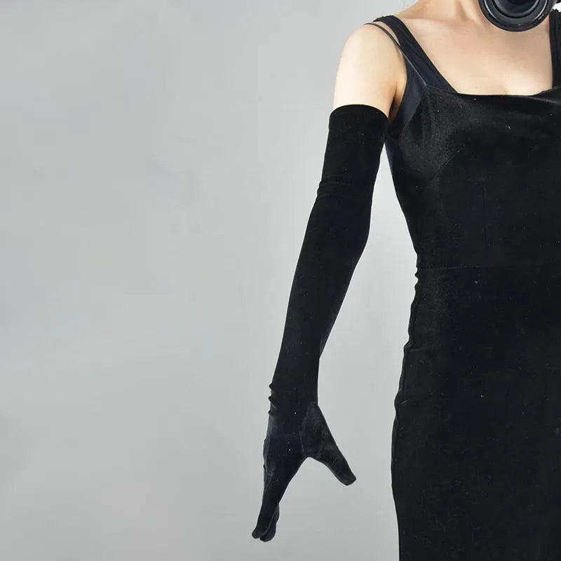 Golden Velvet Long Evening Dress Gloves: Retro Elegance Banquet Accessories