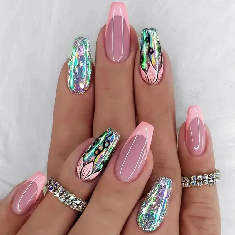 24Pcs/Set Acrylic Long Ballet Press on Nail Tips Coffin Wearing Reusable False Nails Art Colorful Glossy Fake Nails Artificial  ourlum.com PDJ2341-W1164  