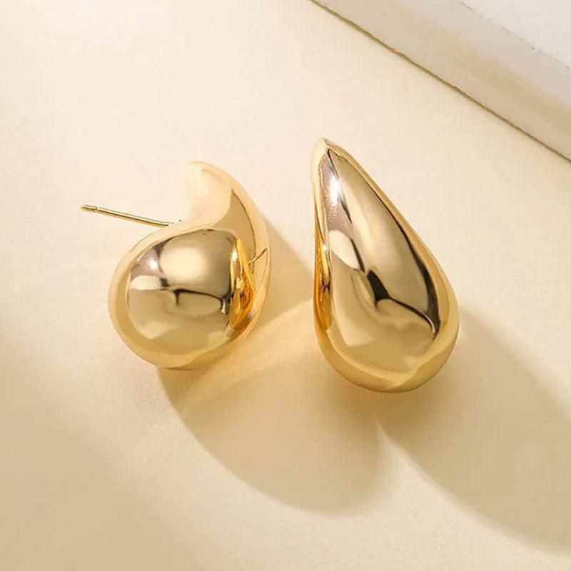 Chunky Dome Water Drop Earrings - Vintage Gold Plated Stainless Steel Teardrop Hoops  ourlum.com   