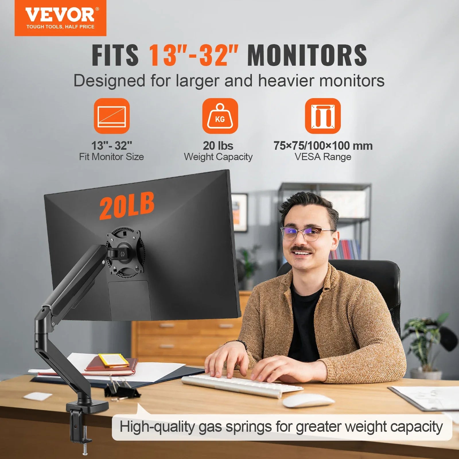 VEVOR Single/ Dual/ Triple Monitor Mount for Screens Gas Spring Monitor Arm Desk Mount with C-Clamp and Grommet Mounting Base